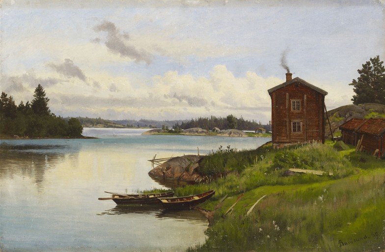 Idyllic Lakeside Scene with Red Wooden House and Boats