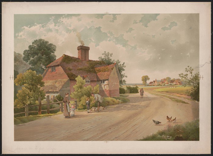 Rural Village Scene with Cottage and Figures
