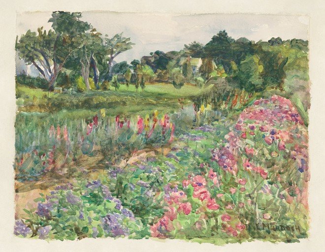 Impressionist Garden Scene with Flowers and Trees