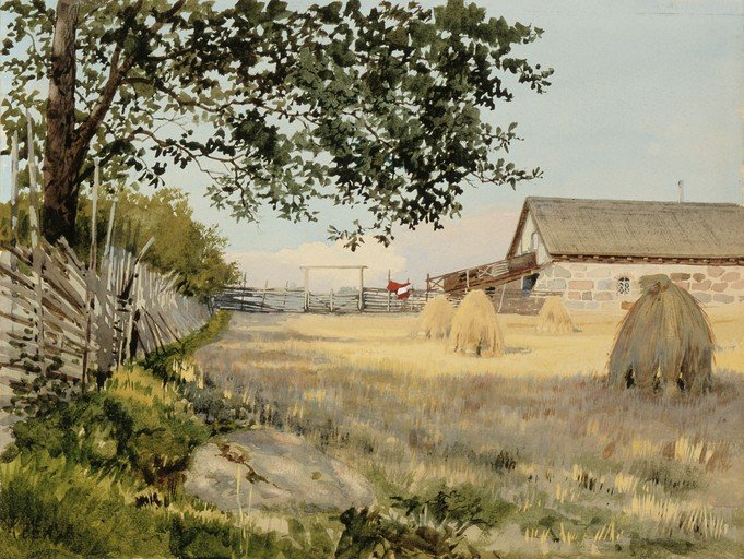 Rural Farm Scene with Haystacks and Stone Building