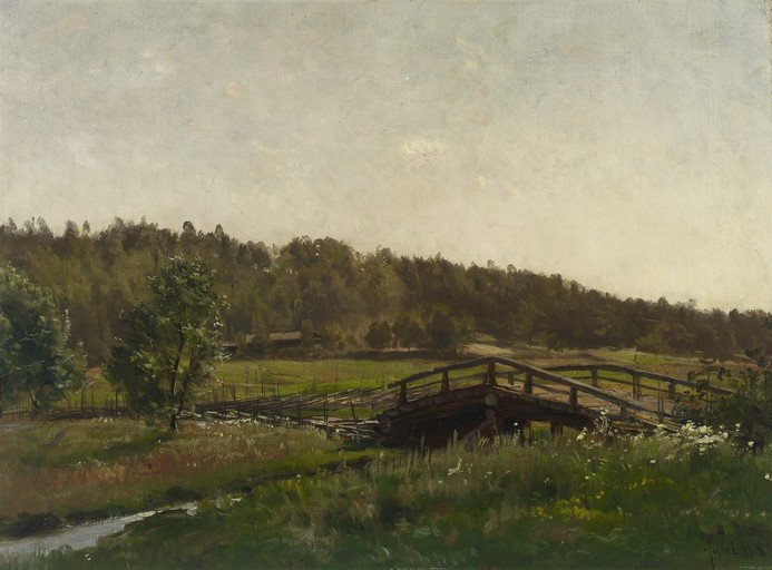 Rustic Wooden Bridge Over a Stream in a Verdant Landscape