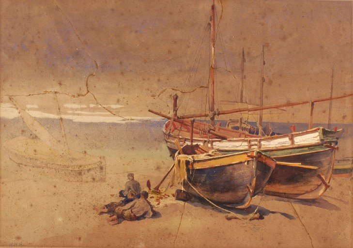 Seaside Scene with Boats and Figures