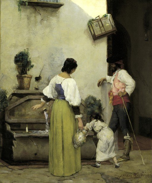 19th Century Italian Scene: Family at a Fountain