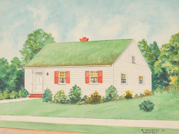 Watercolor of a White Ranch House with Green Roof