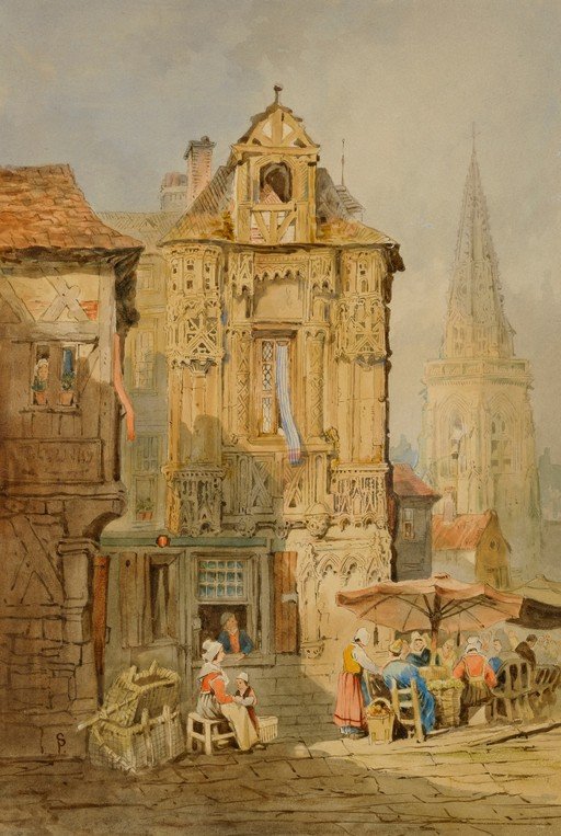 Medieval European Town Square with Market Scene