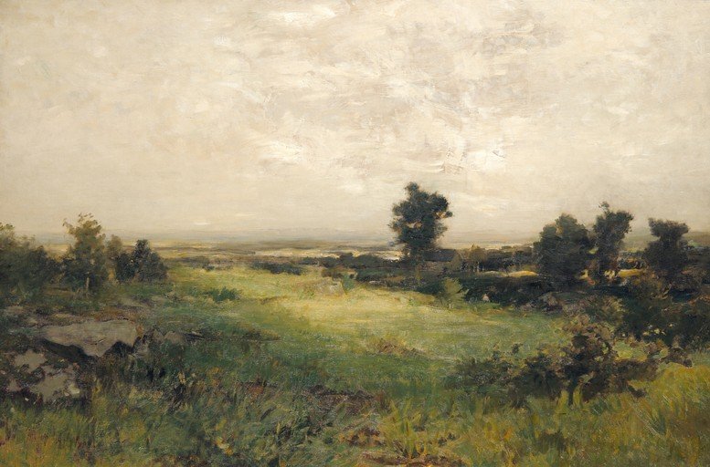 Impressionist Landscape Painting of a Grassy Field and Trees