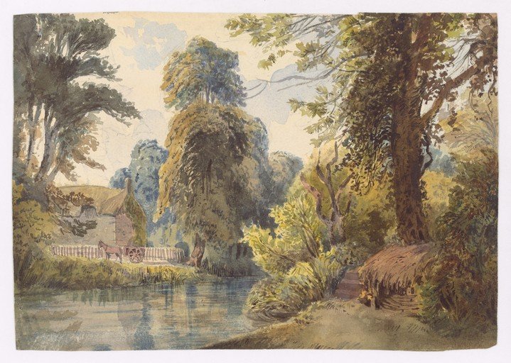 Watercolor Landscape of a Rural Cottage by a River