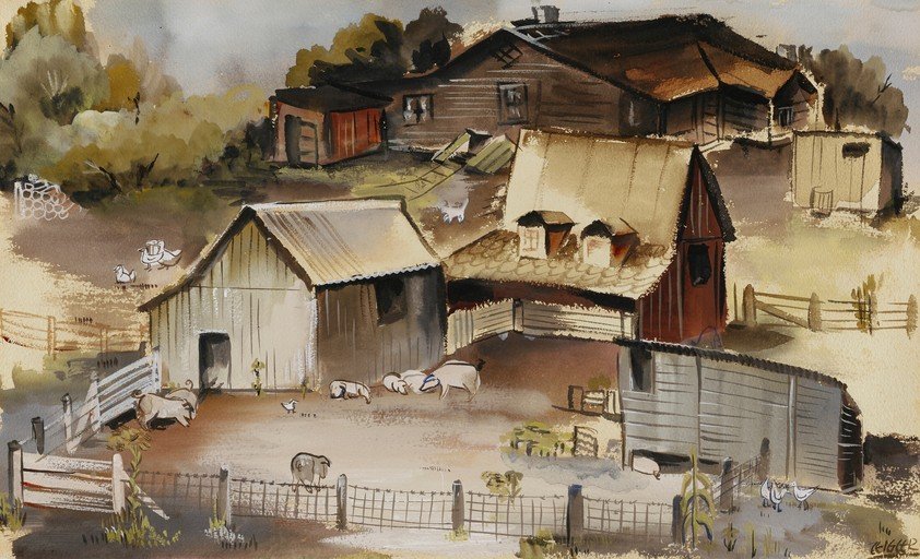 Watercolor Farm Scene with Animals and Buildings