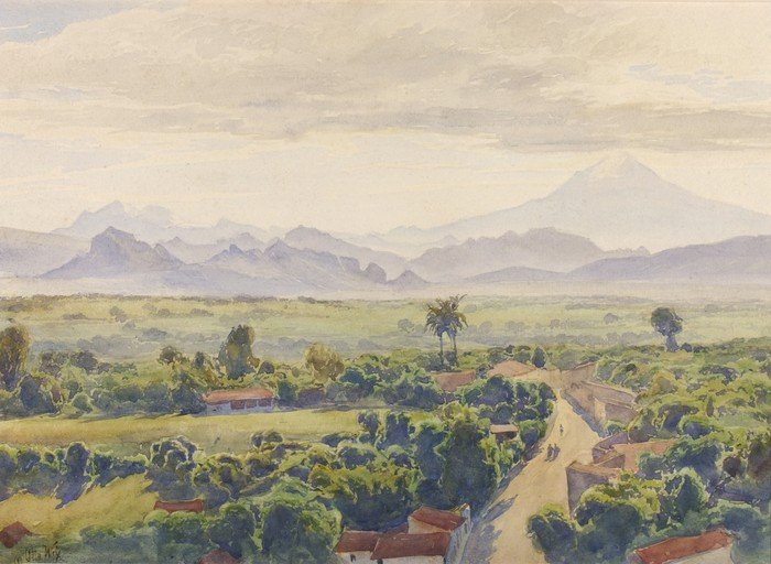 Watercolor Landscape of a Tropical Valley with Mountains