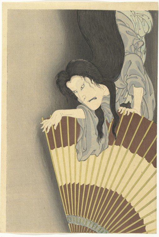 Ukiyo-e print of a ghost with long black hair and a fan
