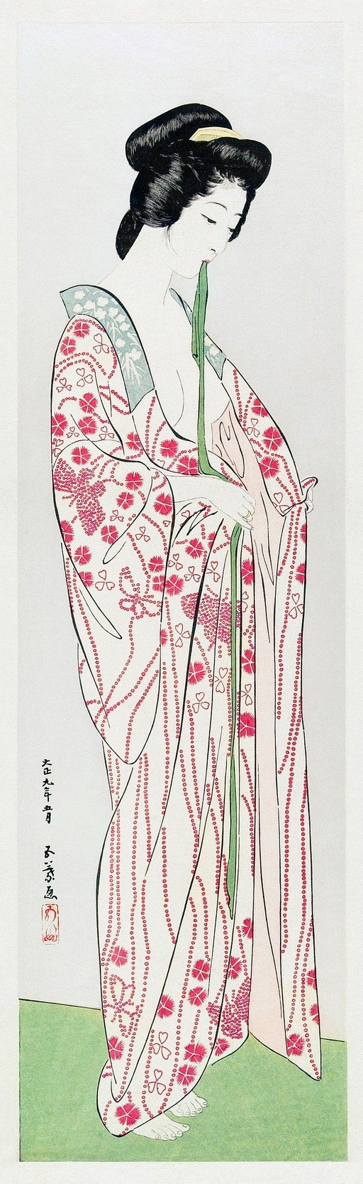 Japanese Woman in Floral Kimono with Green Sash