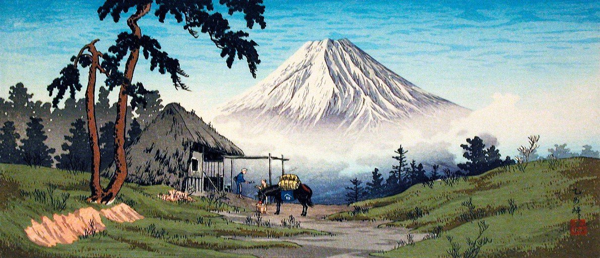 Mount Fuji with Travelers and Hut