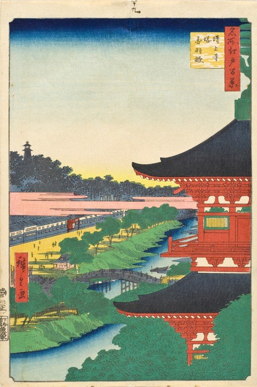 Ukiyo-e print of a Japanese temple and river scene