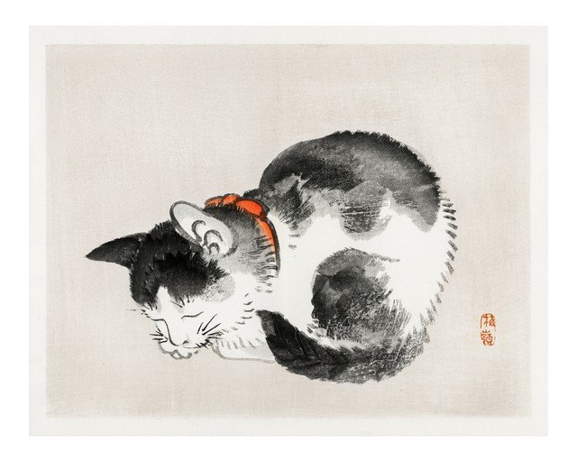 Sleeping Cat with Red Collar - Japanese Woodblock Print