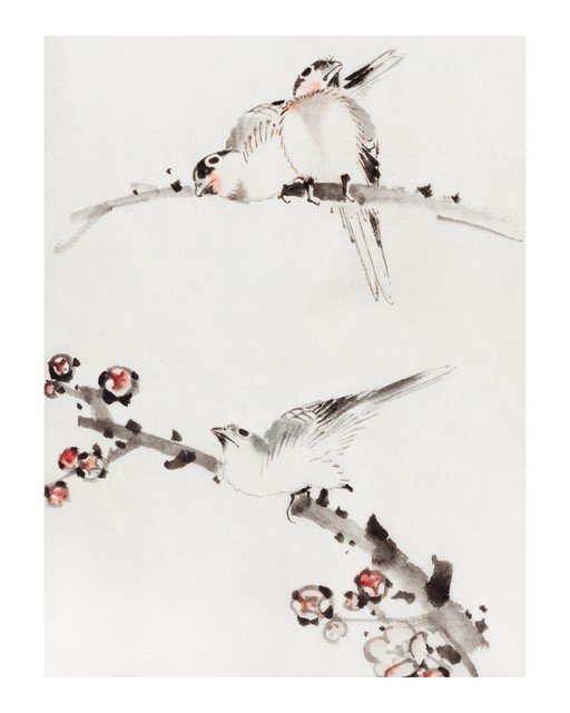 Traditional Chinese Ink Painting of Birds on a Branch