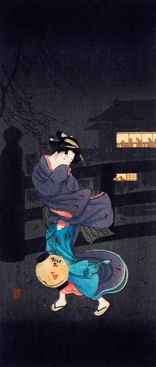 Woman with Lantern on a Bridge at Night