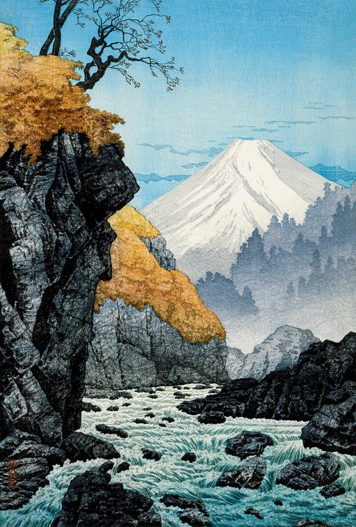 Mount Fuji and Raging River Landscape