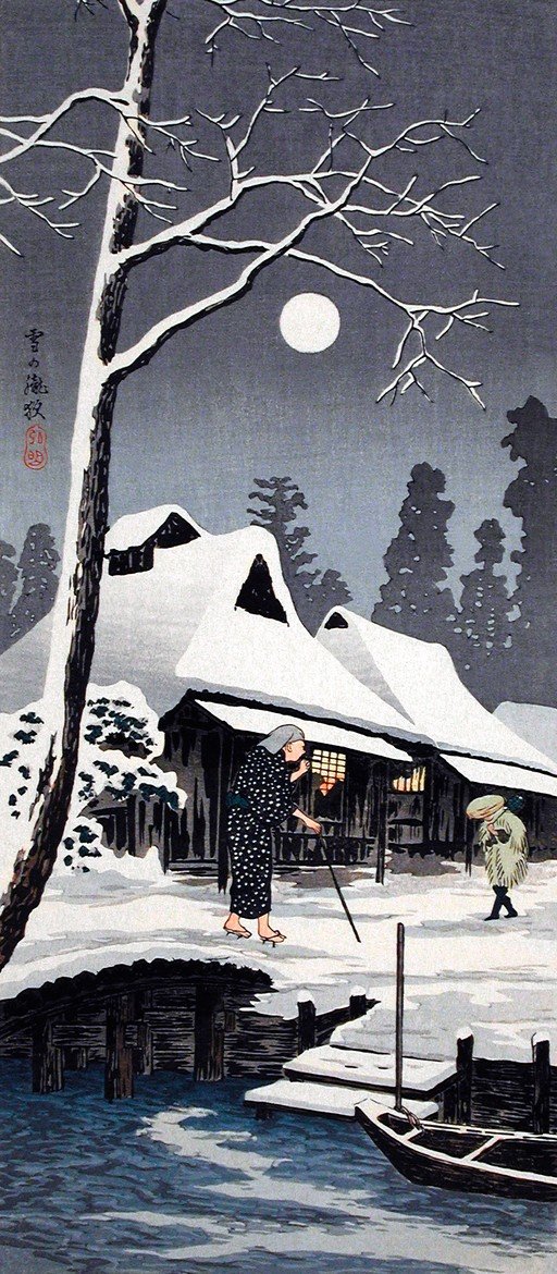 Japanese Woodblock Print of a Snowy Night Scene