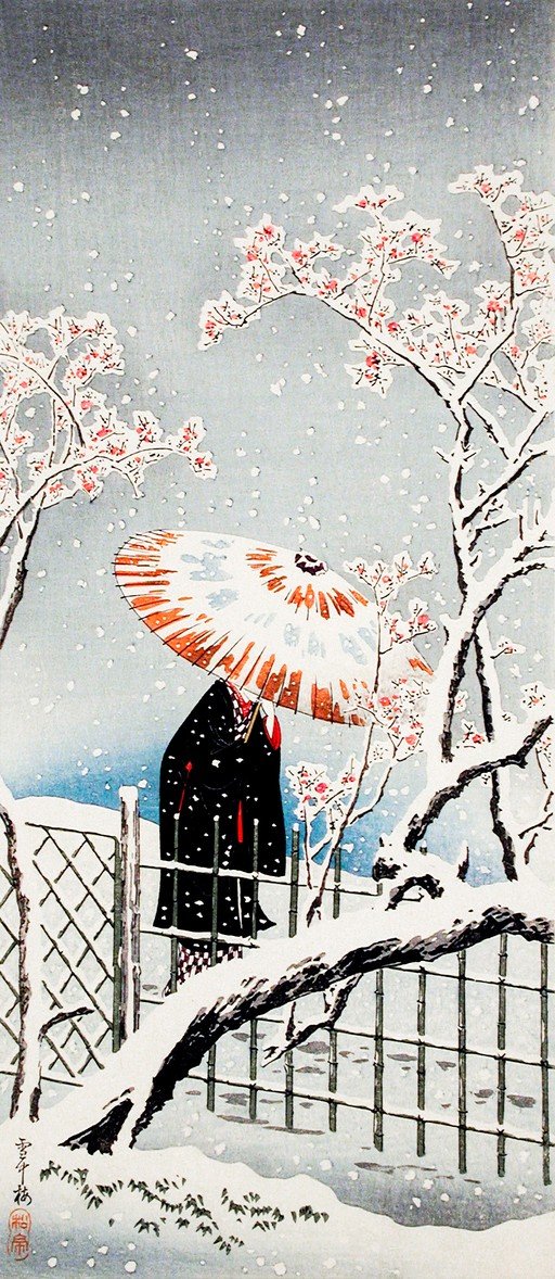 Woman with Umbrella in Snowy Cherry Blossom Garden