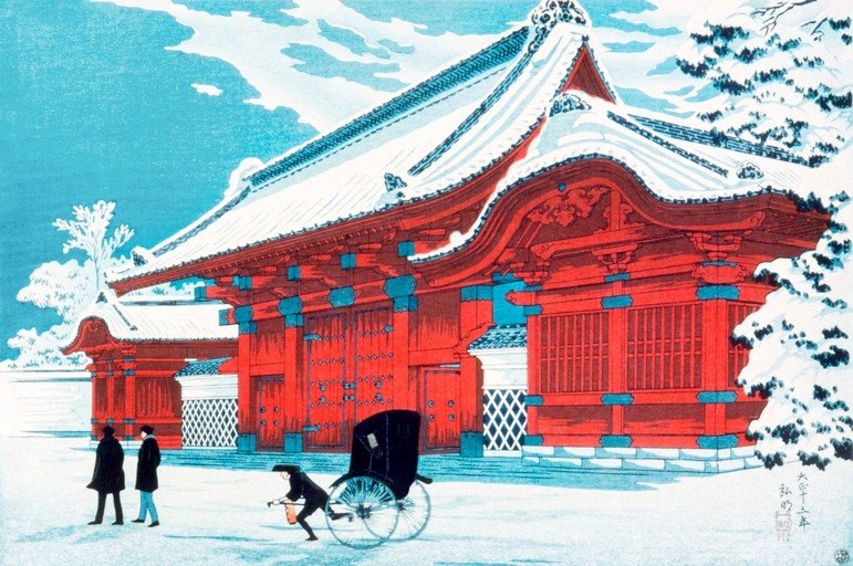 Japanese Temple in Snow with Rickshaw