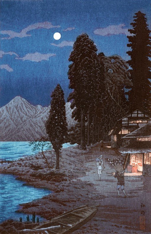 Moonlit Japanese Village Scene with Lake and Mountains