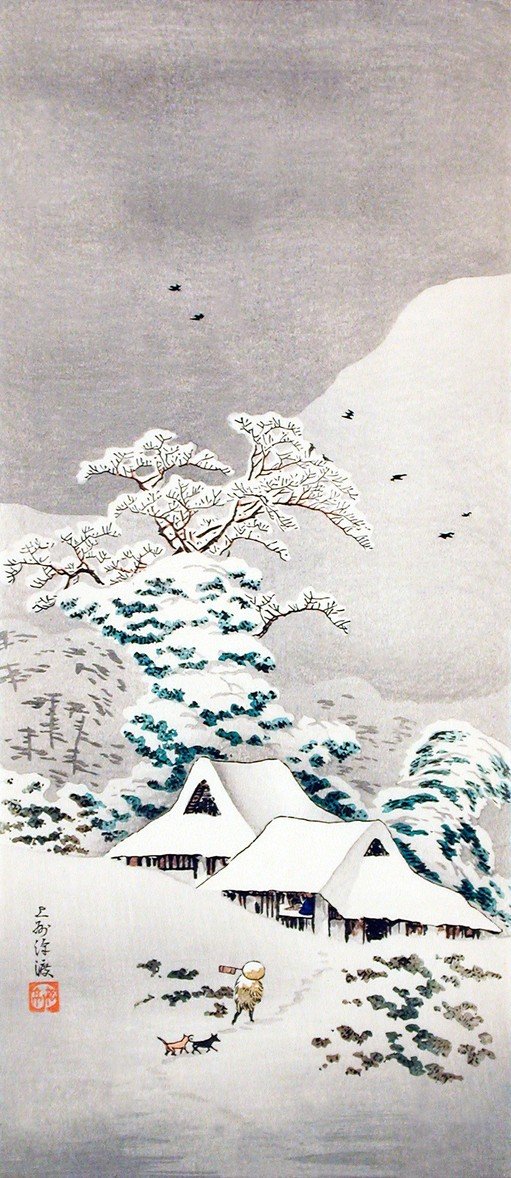 Japanese Winter Scene with Snow-Covered Houses and Figures