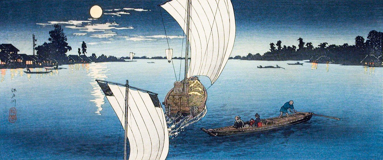 Moonlit River Scene with Boats and Village