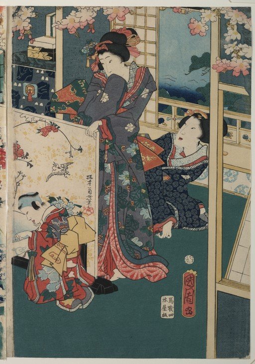 Ukiyo-e print of women in a Japanese interior with cherry blossoms