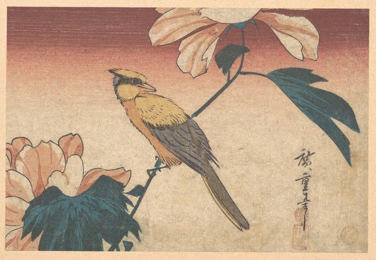 Japanese Woodblock Print of a Bird and Peonies