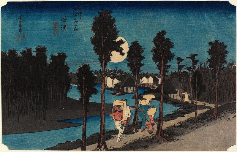 Travelers at Night Under a Full Moon