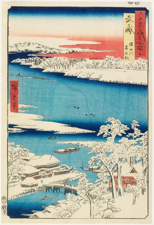 Snowy Landscape with River and Boats