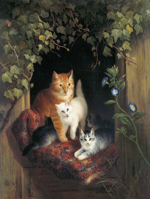 Victorian Painting of Cats on a Rug