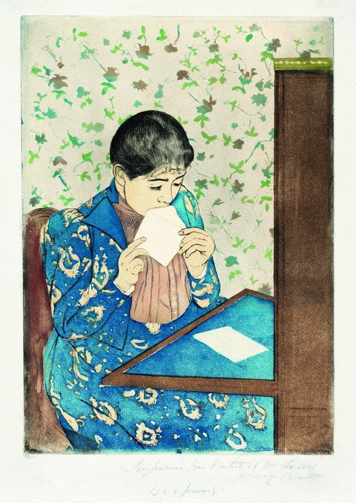 Woman in Blue Robe Reading a Letter