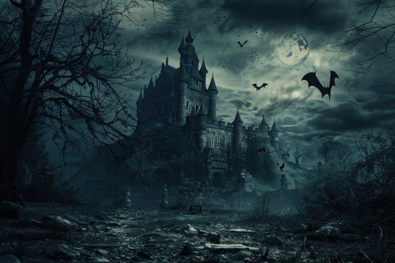 Haunted Castle Under a Full Moon with Bats