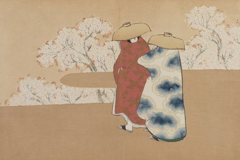 Two figures in traditional Japanese attire amidst cherry blossoms