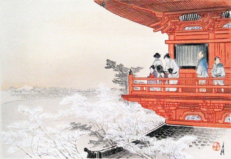 Japanese Woodblock Print of People on a Balcony Overlooking a Snowy Landscape