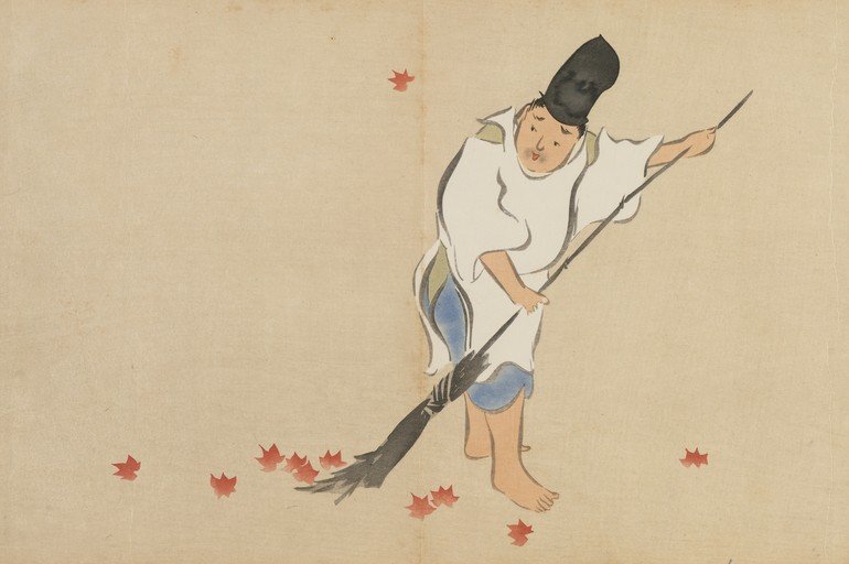 Person Sweeping Autumn Leaves in Traditional Japanese Art