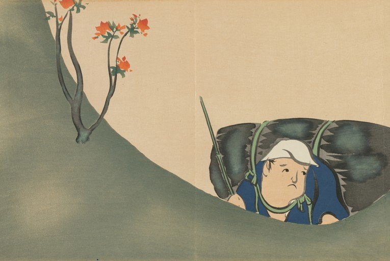 Japanese Woodblock Print of a Burdened Traveler and Azaleas
