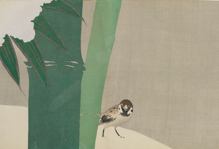 Sparrow and Bamboo in Japanese Woodblock Print