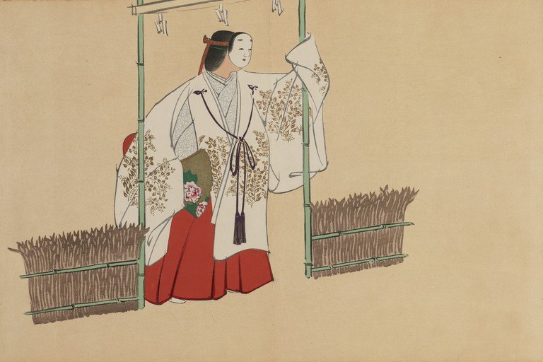 Woman in Traditional Japanese Attire with Mask and Fan