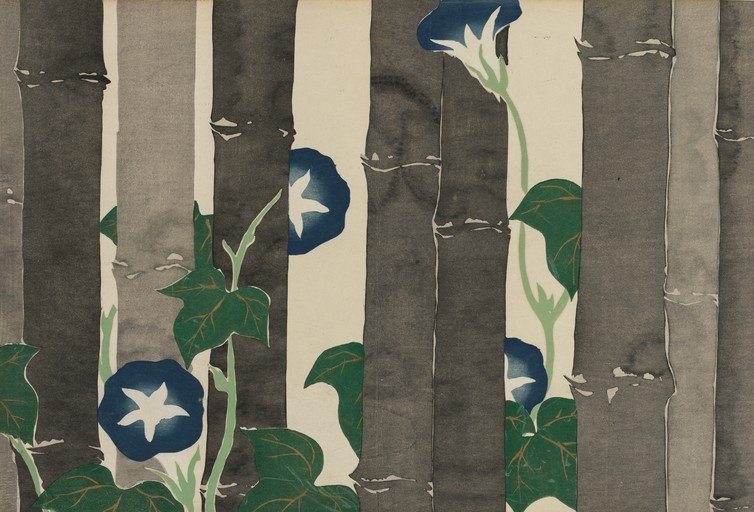 Japanese Woodblock Print of Morning Glories and Bamboo