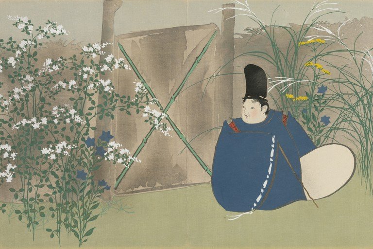 Figure in Blue Robe with Flowers and Gate