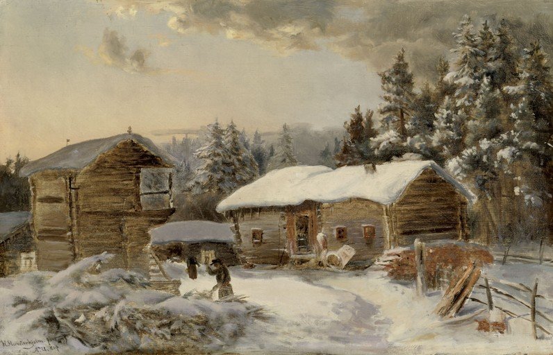 Winter Scene with Log Cabins and Snow-Covered Trees