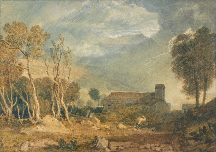 Dramatic Landscape with Lightning Strike and Figure