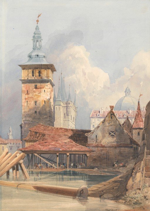 Watercolor of a European Cityscape with a Tower and River