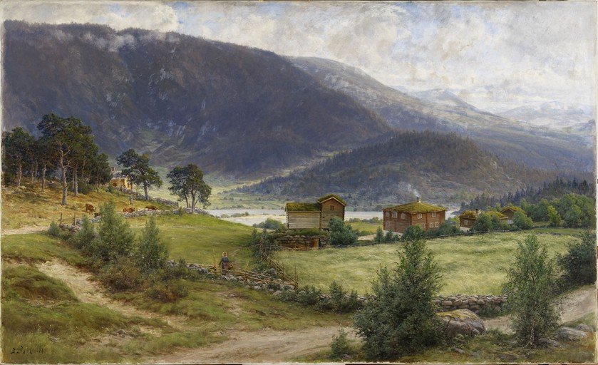Norwegian Landscape with Farmhouses and Mountains