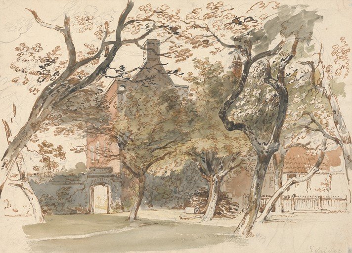 Watercolor sketch of a house and garden with trees