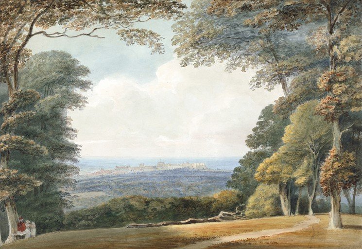 Panoramic View of Windsor Castle from a Wooded Hilltop