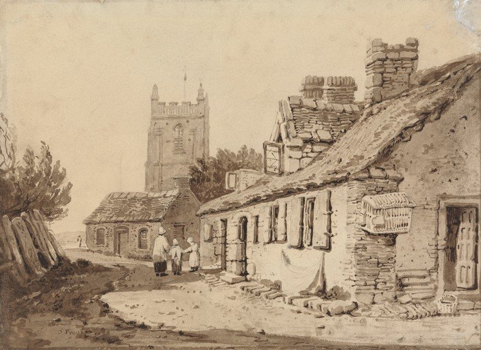 Village Scene with Church Tower and Cottages
