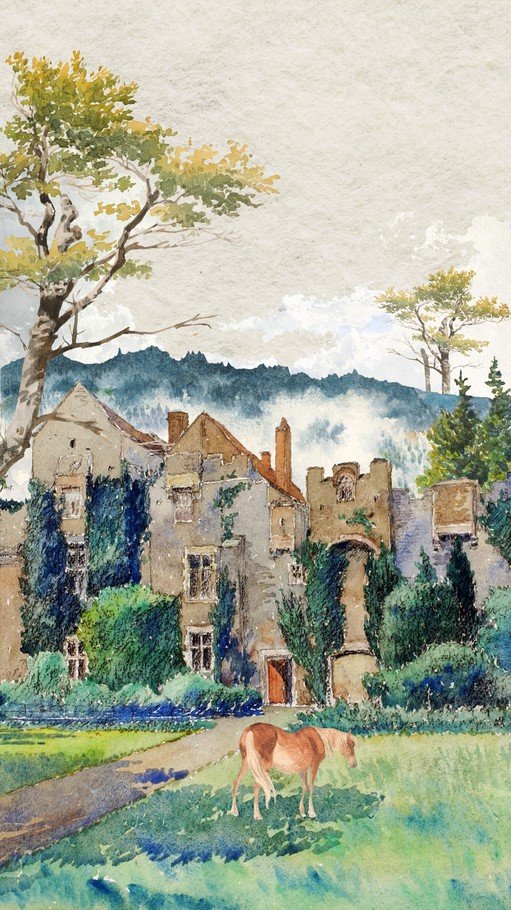 Watercolor Painting of a Horse and Old Manor House